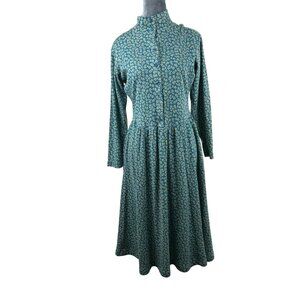 VTG LL Bean Girls Small Long Sleeve Midi Dress Green Floral Side Pockets
